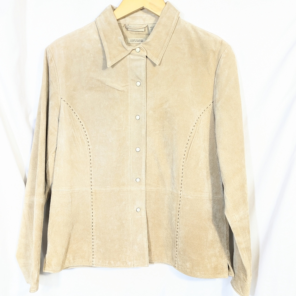Ruff Hewn Suede Leather Lined‎ Shacket Western Detail Pearl Snap Tan L